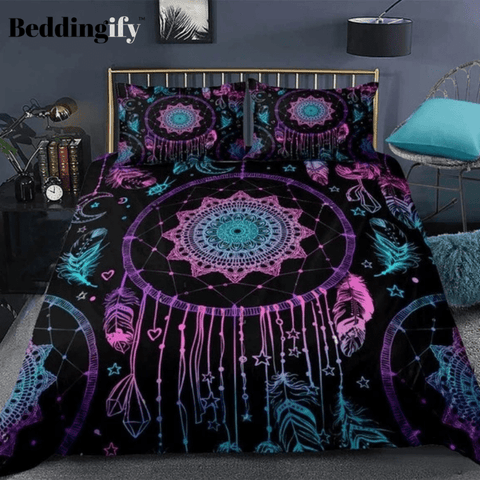 Image of Purple Dreamcatcher Boho Feathers Bedding Set - Beddingify