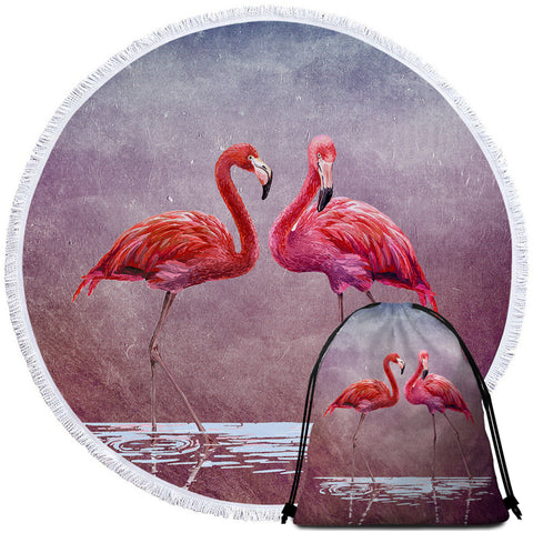 Image of 3D Flamingo Couple Round Beach Towel Set - Beddingify