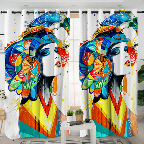 Image of Colorful Lady & Bird 2 Panel Curtains