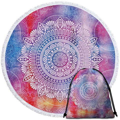 Image of White Mandala Colorsprayed Round Beach Towel Set - Beddingify