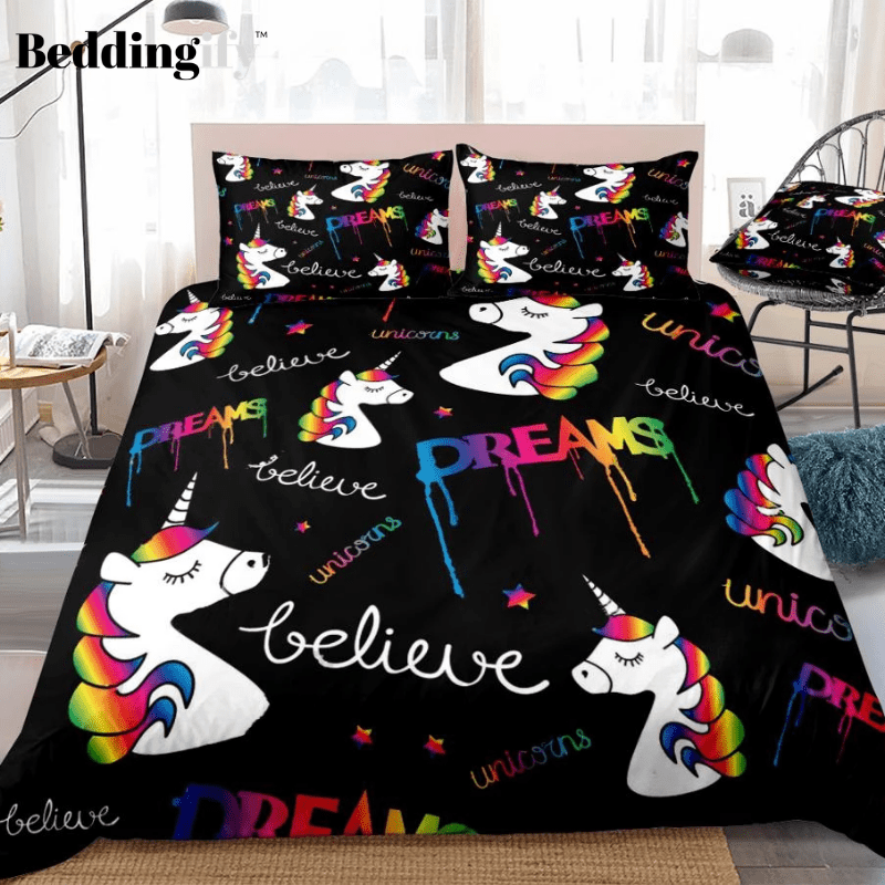 Dreams Magical Unicorns Black Bedding Set - Beddingify