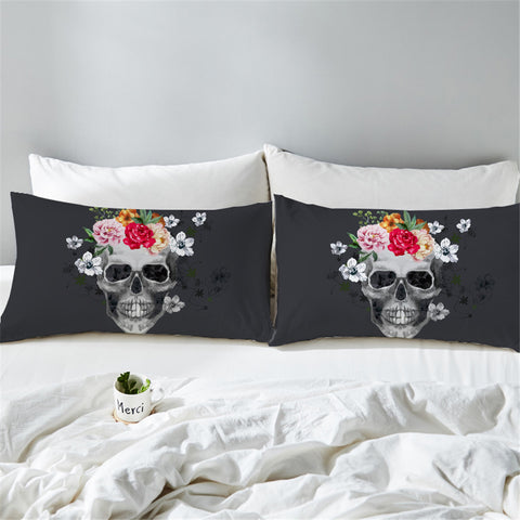 Image of Flowery Skull Grey Pillowcase