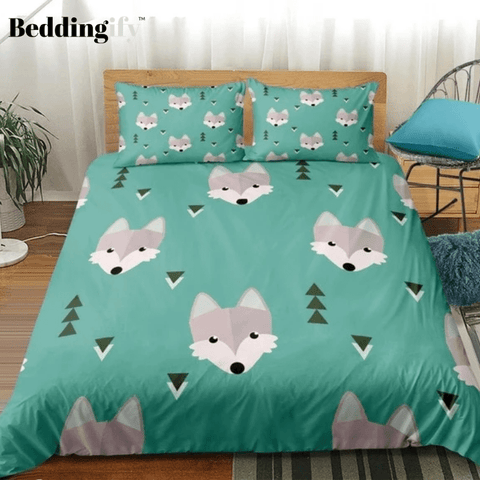 Image of Cartoon Wolf Green Bedding Set - Beddingify
