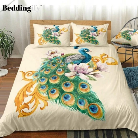 Image of Blooming Flowers Watercolor Peacock Bedding Set - Beddingify
