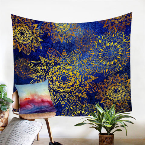 Image of Stylized Suns Blue Tapestry - Beddingify