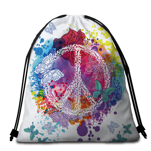 Image of Peace Butterflies Colorful Round Beach Towel Set - Beddingify