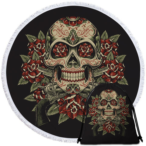 Image of Rose Adorned Skull Round Beach Towel Set - Beddingify