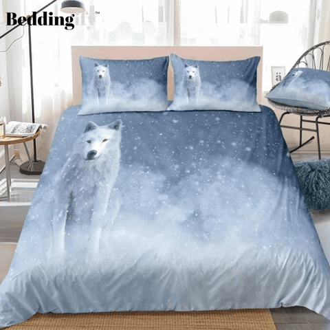 Image of White Wolf Sitting In Snow Bedding Set - Beddingify