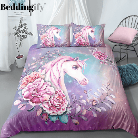 Purple Floral Unicorn Bedding Set - Beddingify