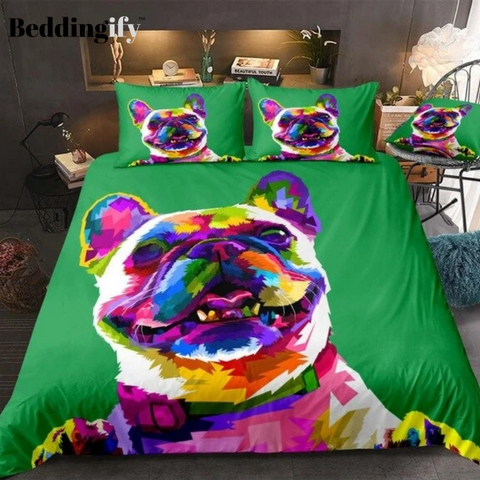 Image of Colorful Pug Green Bedding Set - Beddingify