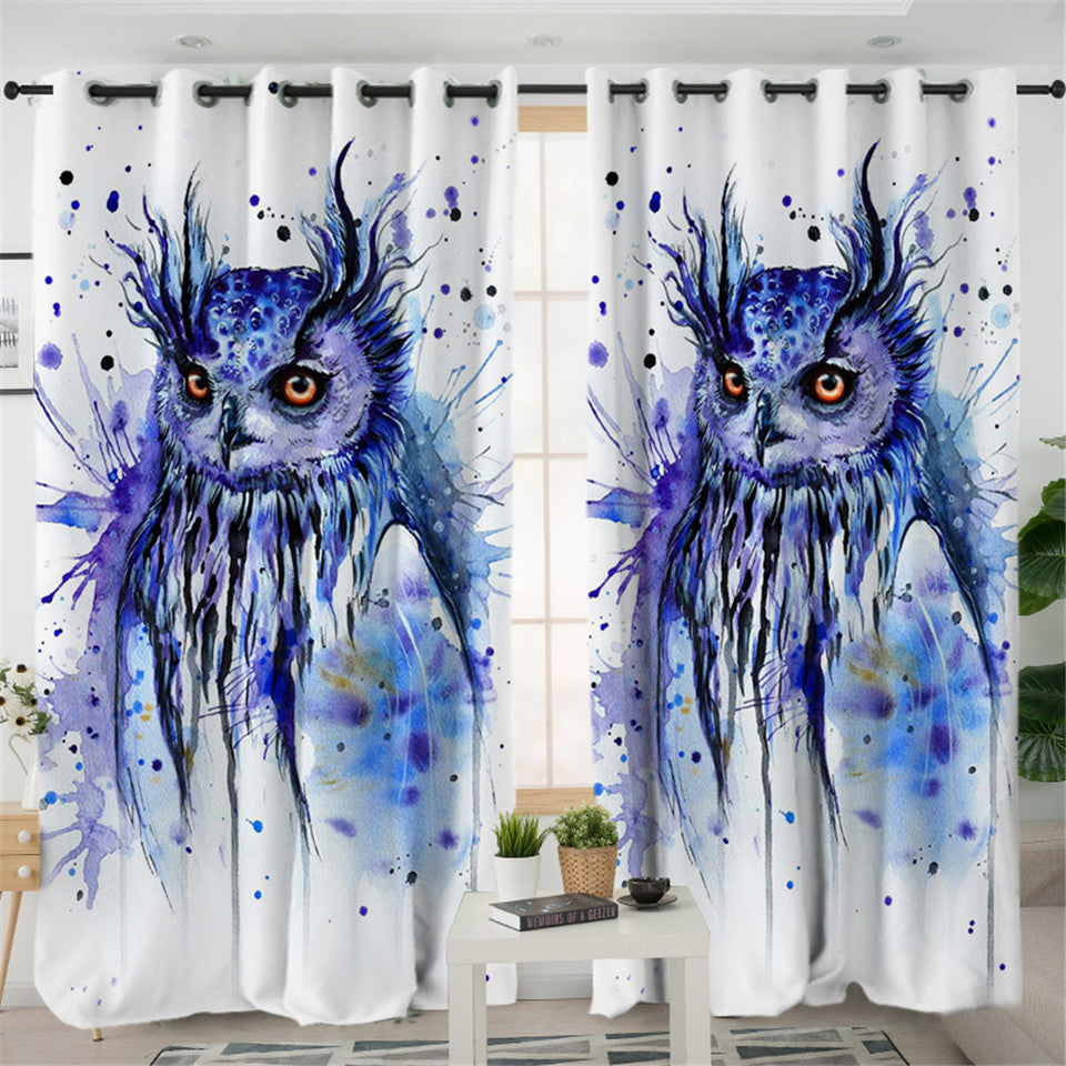 Watercolor Blue Owl 2 Panel Curtains