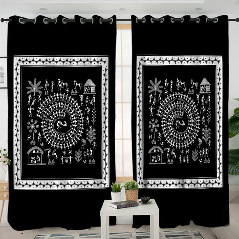 Image of Ancient Drum Patterns Black 2 Panel Curtains
