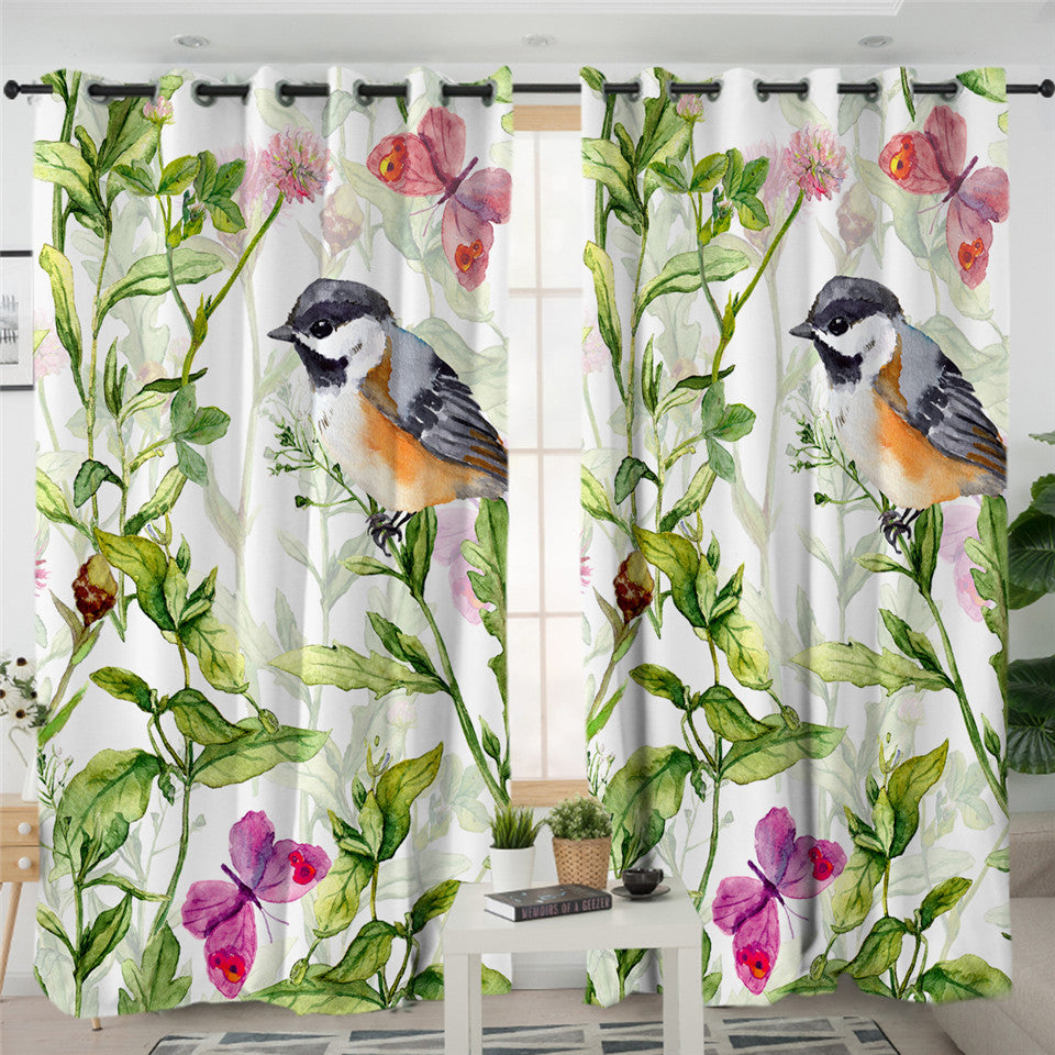 Bird Leaves Themed 2 Panel Curtains
