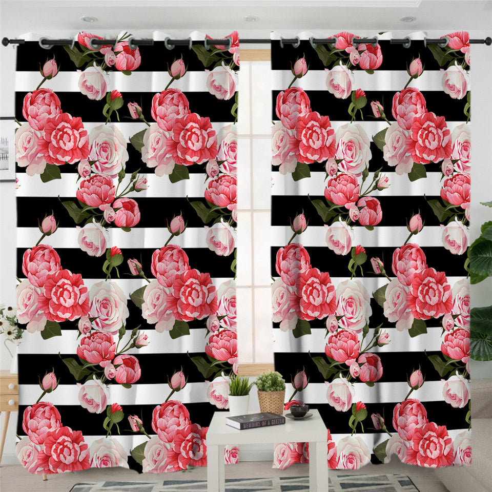 Pink Rose B&W Stripes 2 Panel Curtains