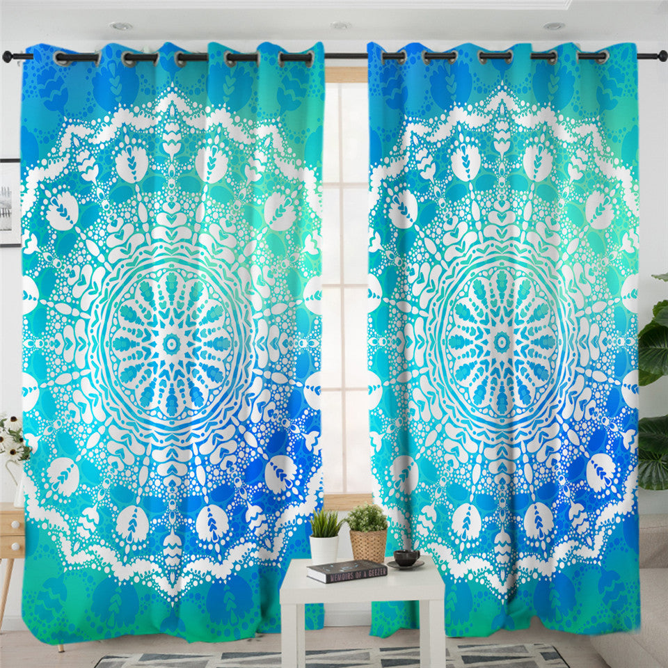 Blue Green Mandala 2 Panel Curtains
