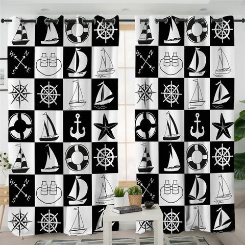 Image of Checkerboard Nautical Icons 2 Panel Curtains