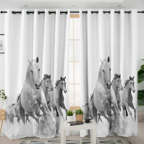 Image of Galloping Horses B&W 2 Panel Curtains