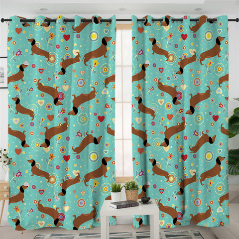Image of Green Dachshund Themed 2 Panel Curtains