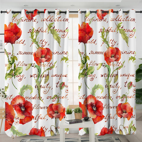 Image of Red Poppy Text Themed 2 Panel Curtains