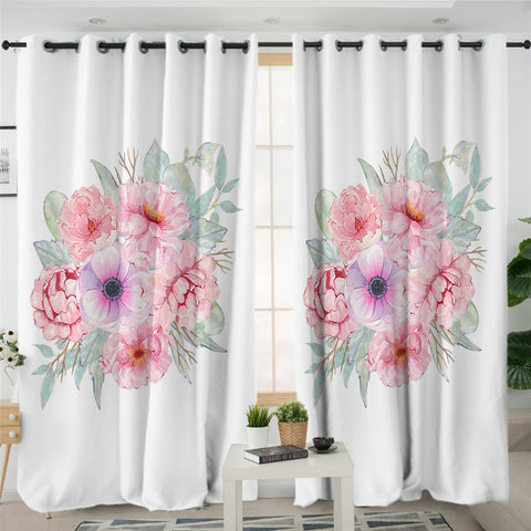 Image of Light Color Flower Bouquet White 2 Panel Curtains