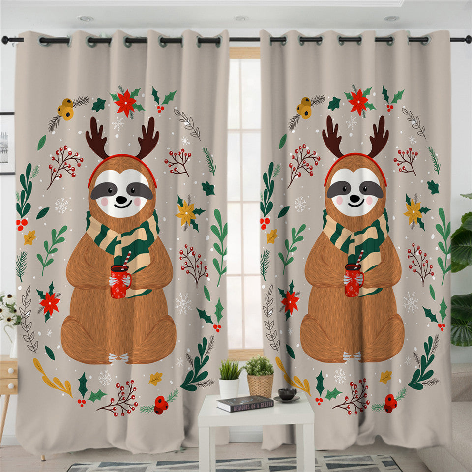 Christmas Themed Sloth 2 Panel Curtains