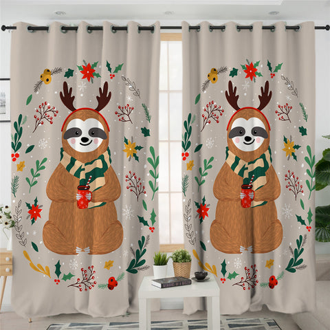 Image of Christmas Themed Sloth 2 Panel Curtains