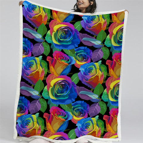 Image of Rainbow Roses Themed Sherpa Fleece Blanket - Beddingify