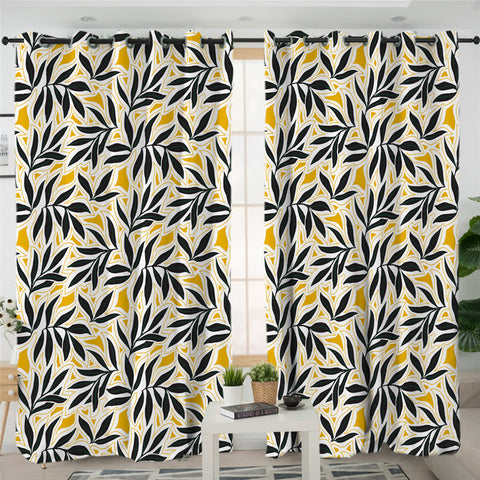 Image of Black & Yellow Leaves 2 Panel Curtains