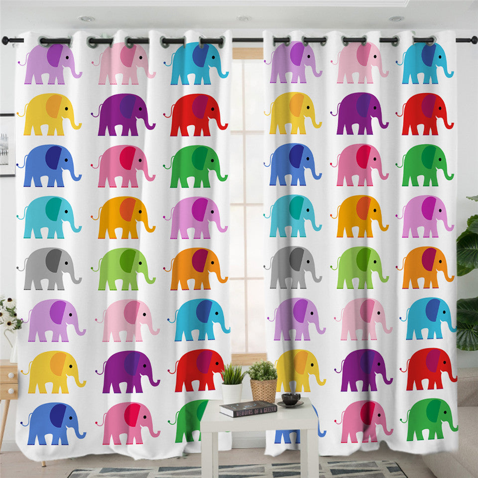 Colored Elephants White 2 Panel Curtains