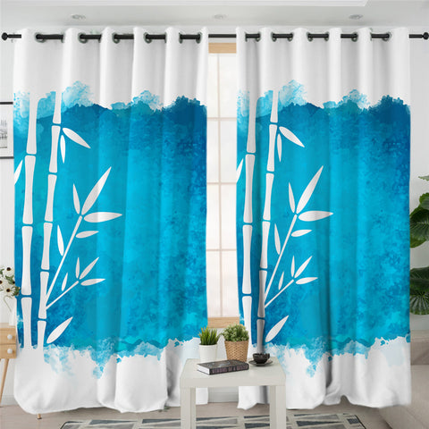 Image of Blue Bamboo Themed 2 Panel Curtains