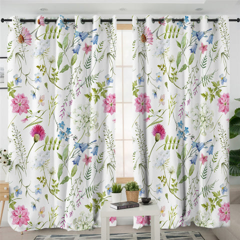 Image of Watercolor Flower Motif White 2 Panel Curtains