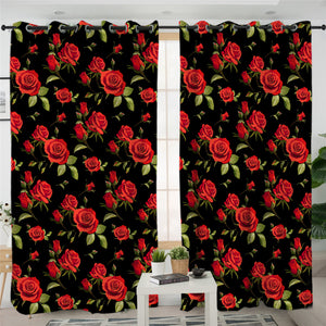 Orange Roses Motif Black 2 Panel Curtains