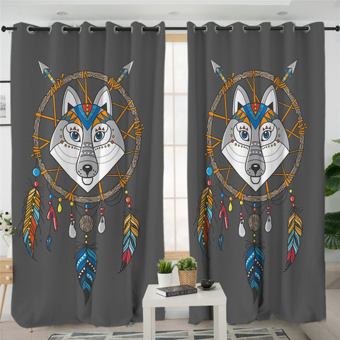 Image of Cartoon Wolf Dream Catcher 2 Panel Curtains