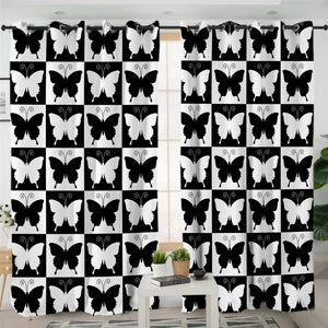 Checkerboard Butterflies Themed 2 Panel Curtains