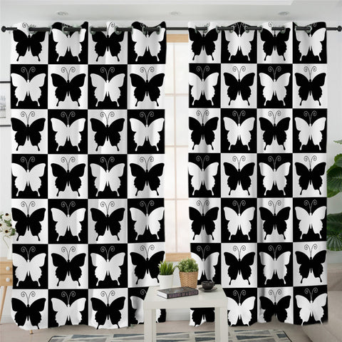 Image of Checkerboard Butterflies Themed 2 Panel Curtains