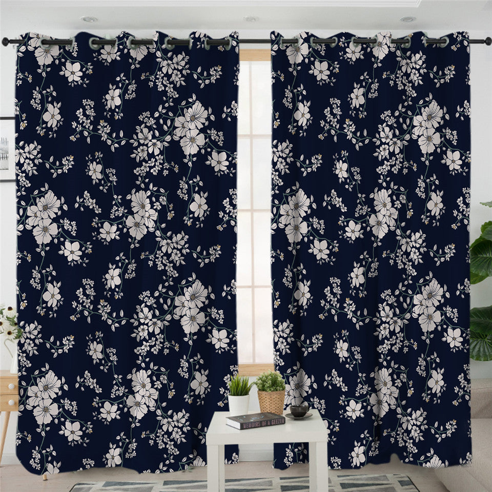 Small White Flower Dark Blue 2 Panel Curtains