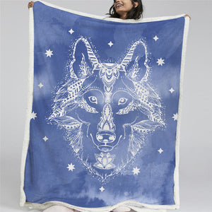 Blue Wolf Face Sherpa Fleece Blanket - Beddingify