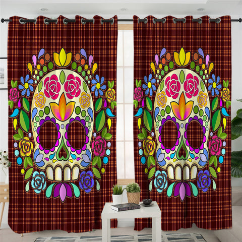 Image of Flora Themed Skull 2 Panel Curtains