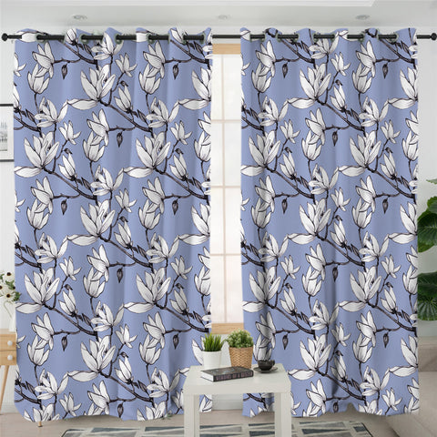 Image of White Flower Indigo 2 Panel Curtains