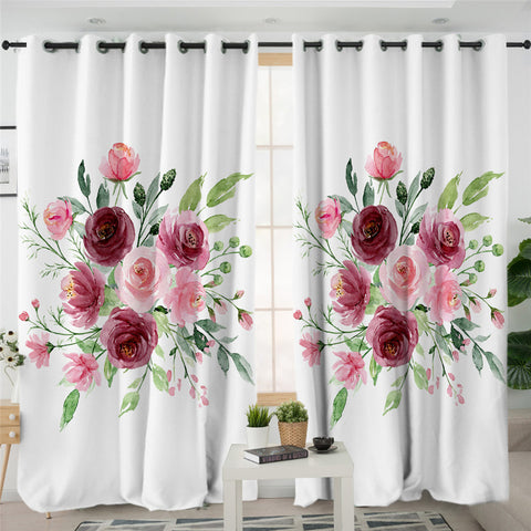 Image of Rose Bouquet White 2 Panel Curtains