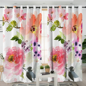 Watercolor Lush Flower White 2 Panel Curtains