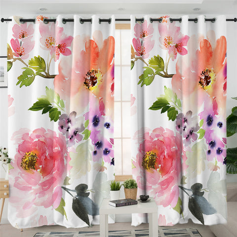 Image of Watercolor Lush Flower White 2 Panel Curtains