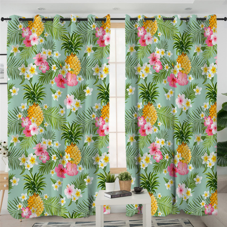Tropical Palm Flower Pineapple 2 Panel Curtains