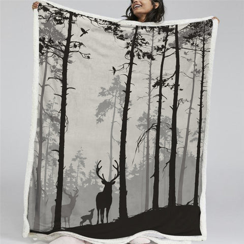 Deer In Forest Themed Sherpa Fleece Blanket - Beddingify