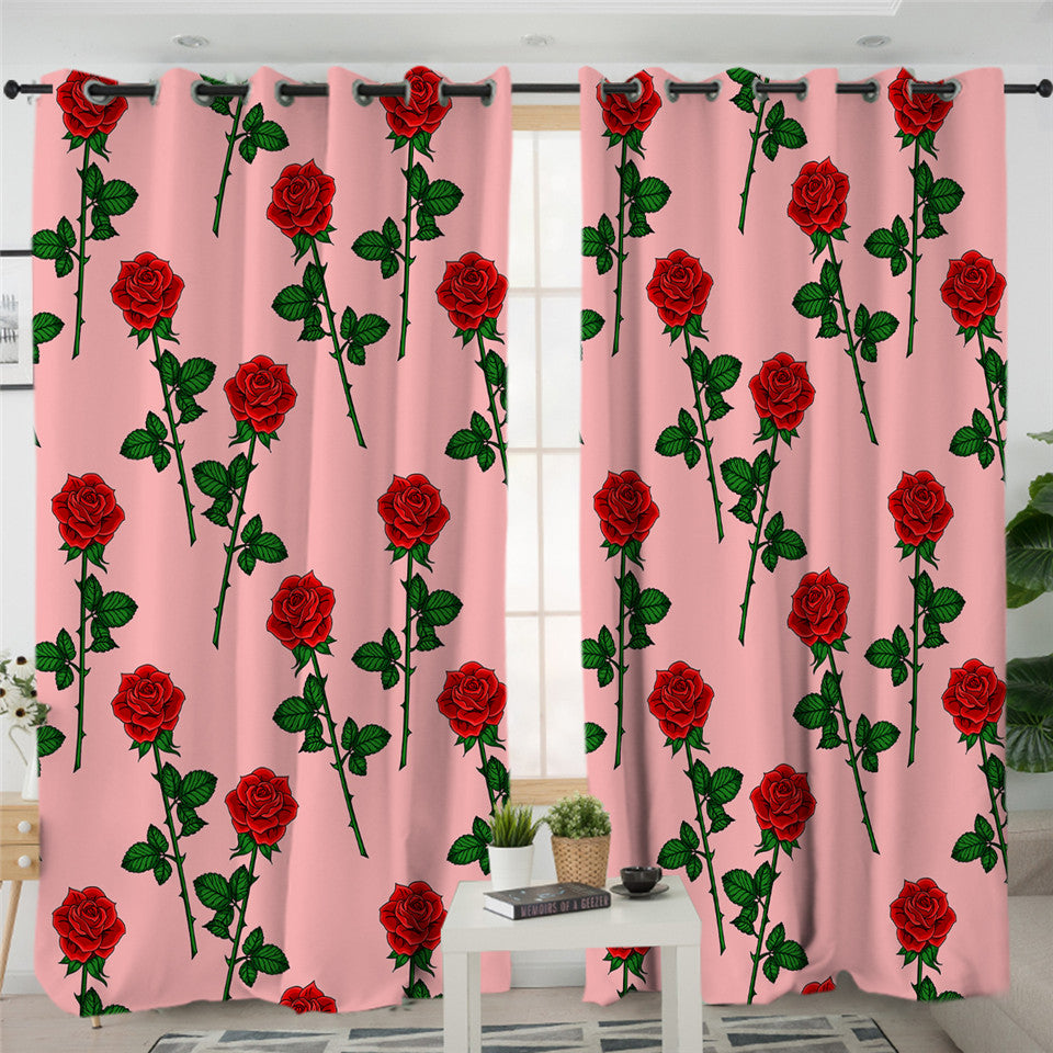 Red Roses Pink 2 Panel Curtains