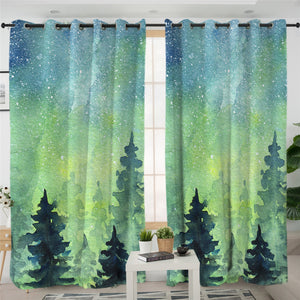 Night Sky Green Forest Themed 2 Panel Curtains