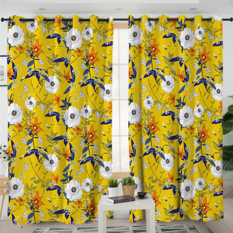 Image of Flowery Motif Yellow 2 Panel Curtains