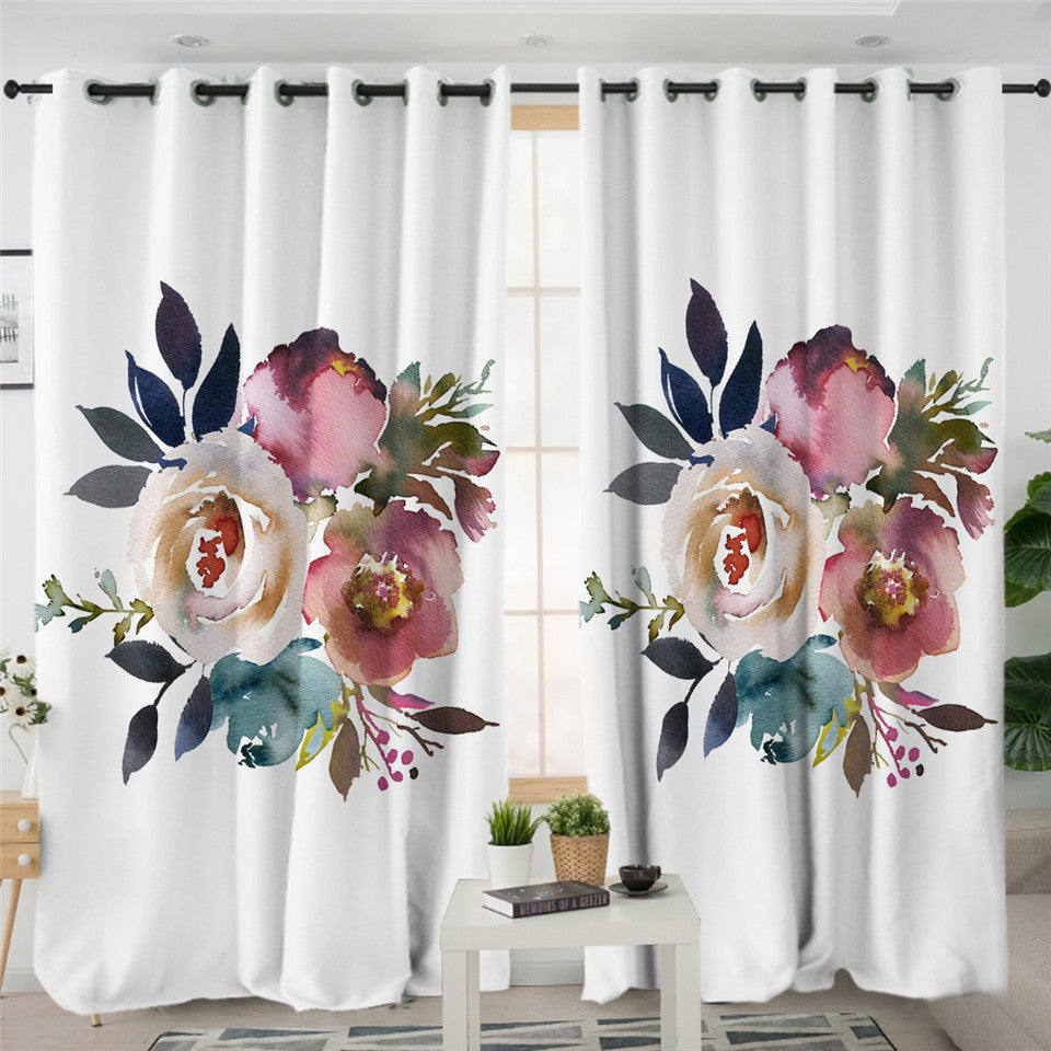 Dark Colored Flowers White 2 Panel Curtains
