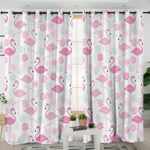 Flamingo Motif White 2 Panel Curtains