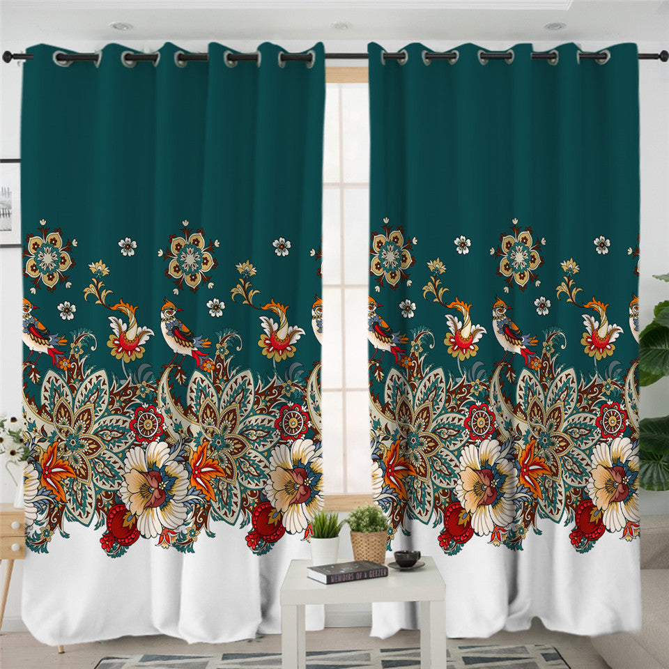 Stylized Flowers & Birds 2 Panel Curtains